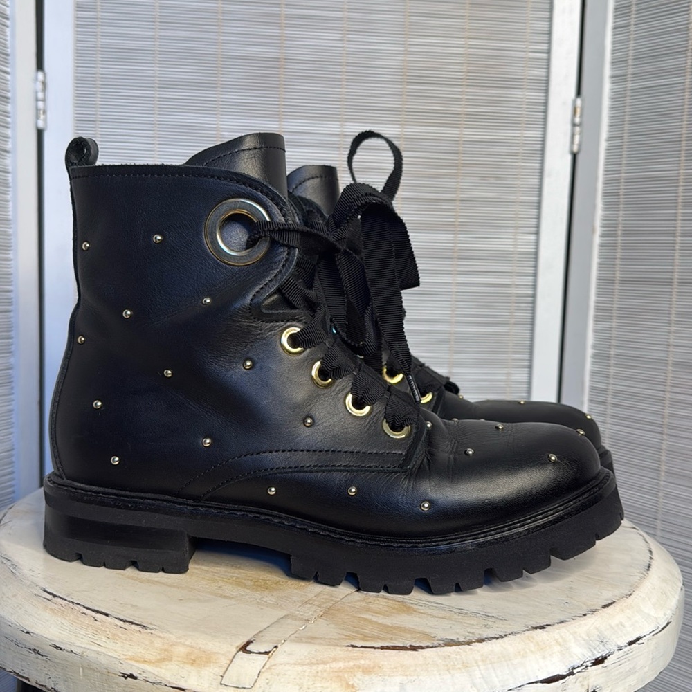 AGL studded black gold combat lug ankle boots